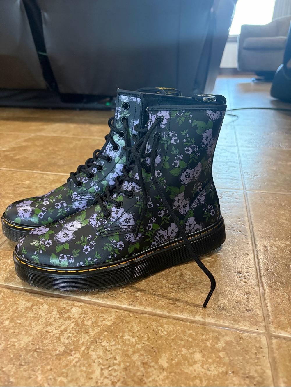 Dr. Martens Floral Lace-Up Ankle Boots in Black and Purple